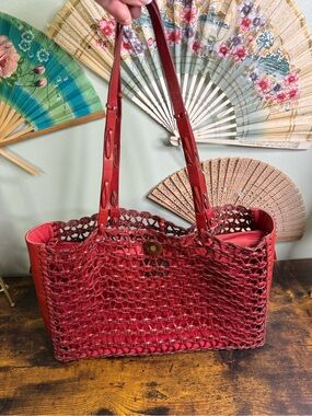 The Sak Red Woven Leather Tote with Shoulder Straps